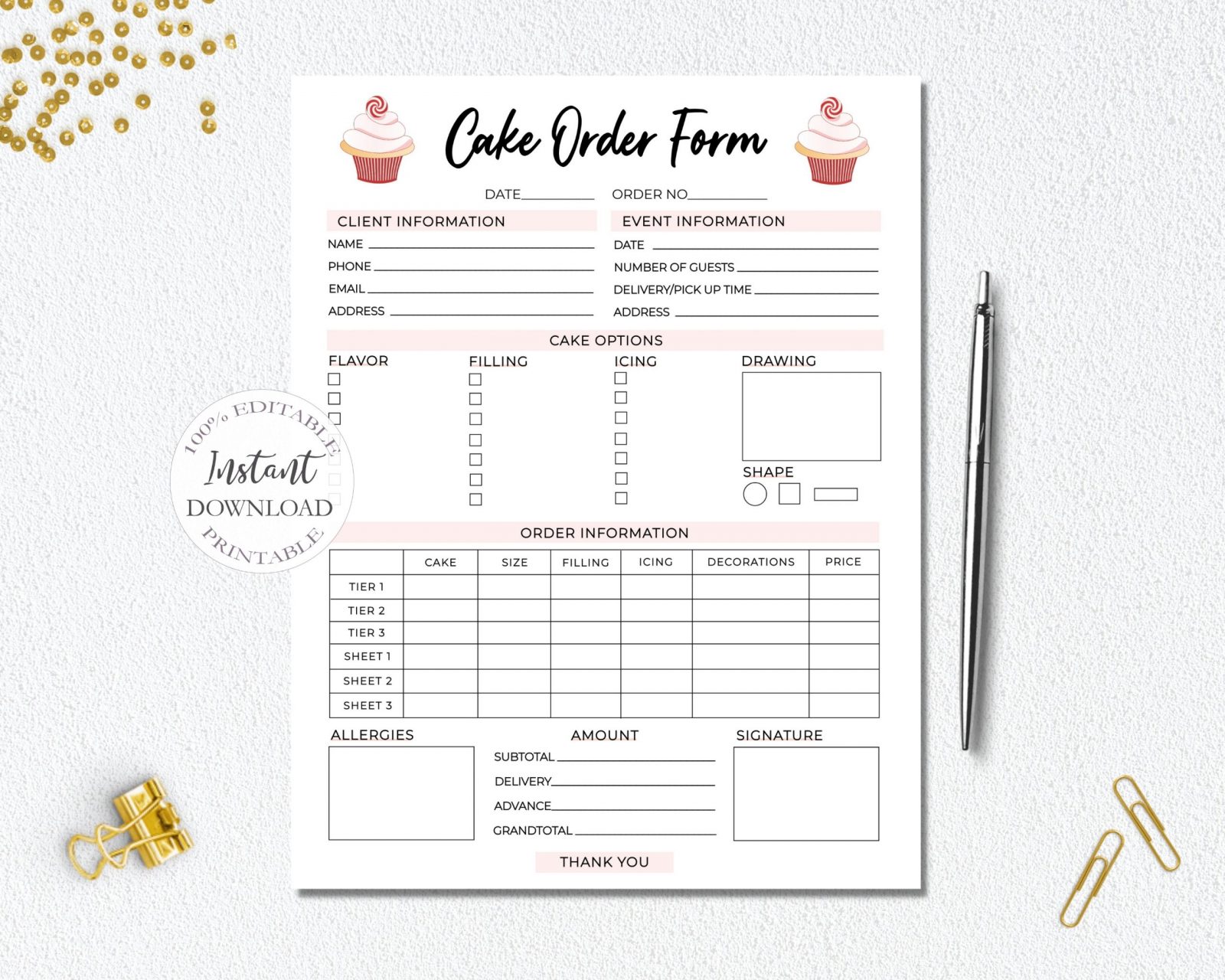 Cake Order Form Template Bakery Order Form Printable Small 