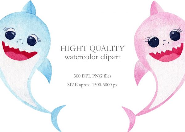 Sunrayart Designs Watercolor Baby Shark And Party Clipart Set