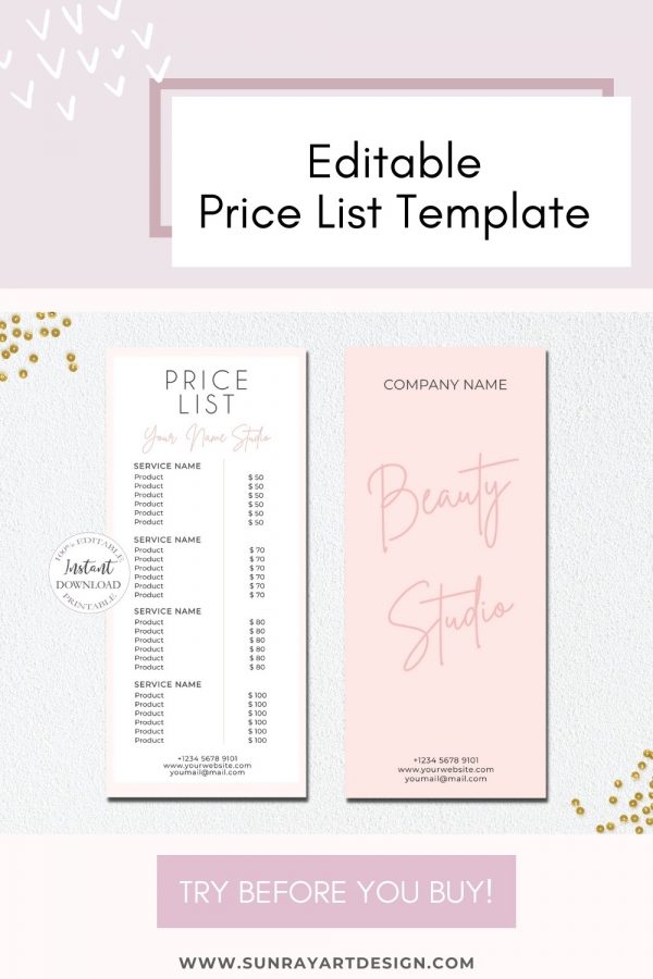 SunRayArt Designs - Price List Editable Template, Printable Price Guide.