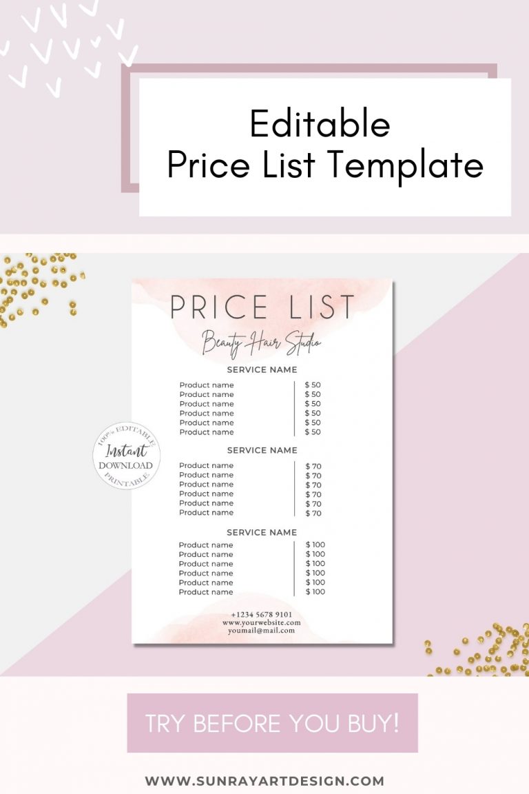 SunRayArt Designs - Price List Template,Editable Price Guide