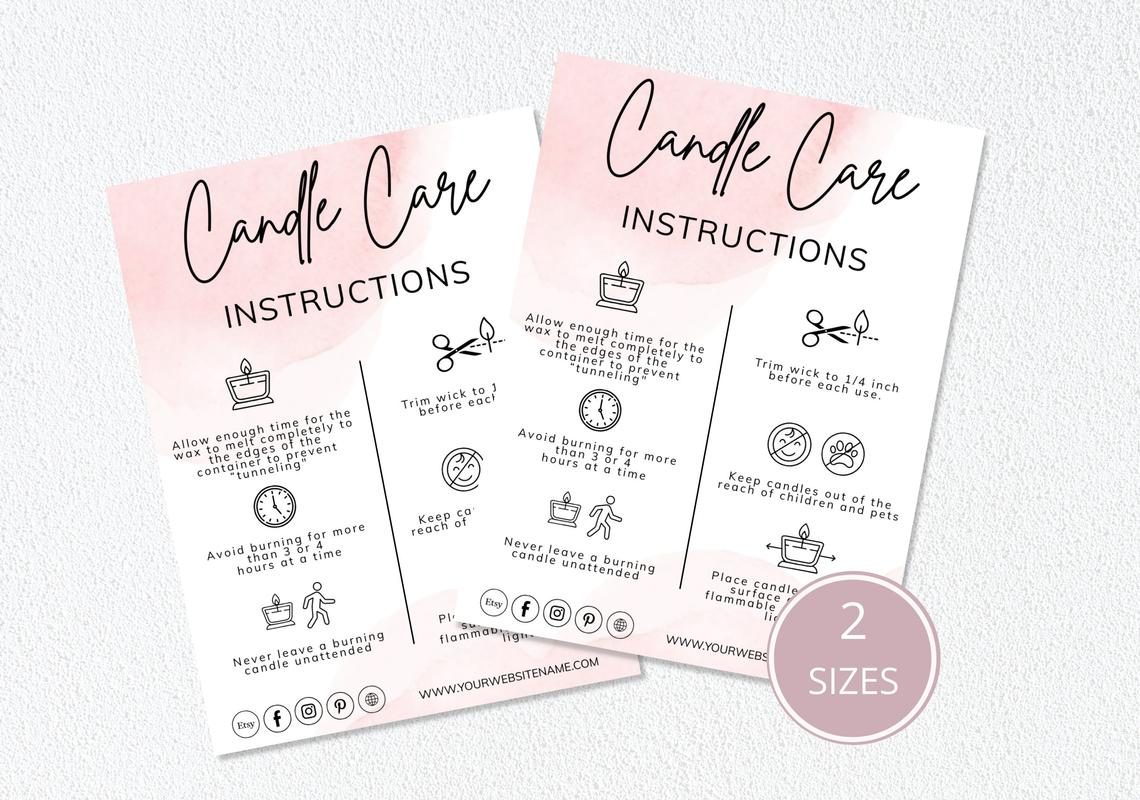 Editable Candle Care Card, Printable Candle Care Template, Pink Watercolor  Candles Care Guide, Candle Safety Card Design, Instant, PW-001