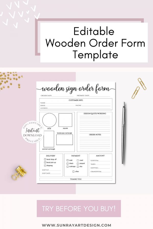 SunRayArt Designs - Editable Wooden Sign Order Form Template