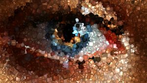A vibrant geometric abstract image resembling a human eye made of colorful cubes and shapes.