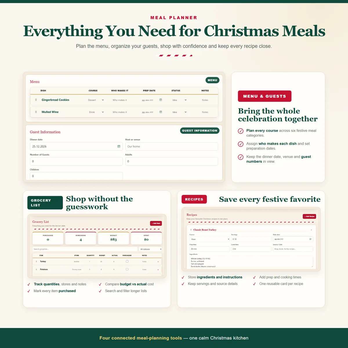 Meal Planner detail view with menu, guest information, grocery list and a saved recipe card