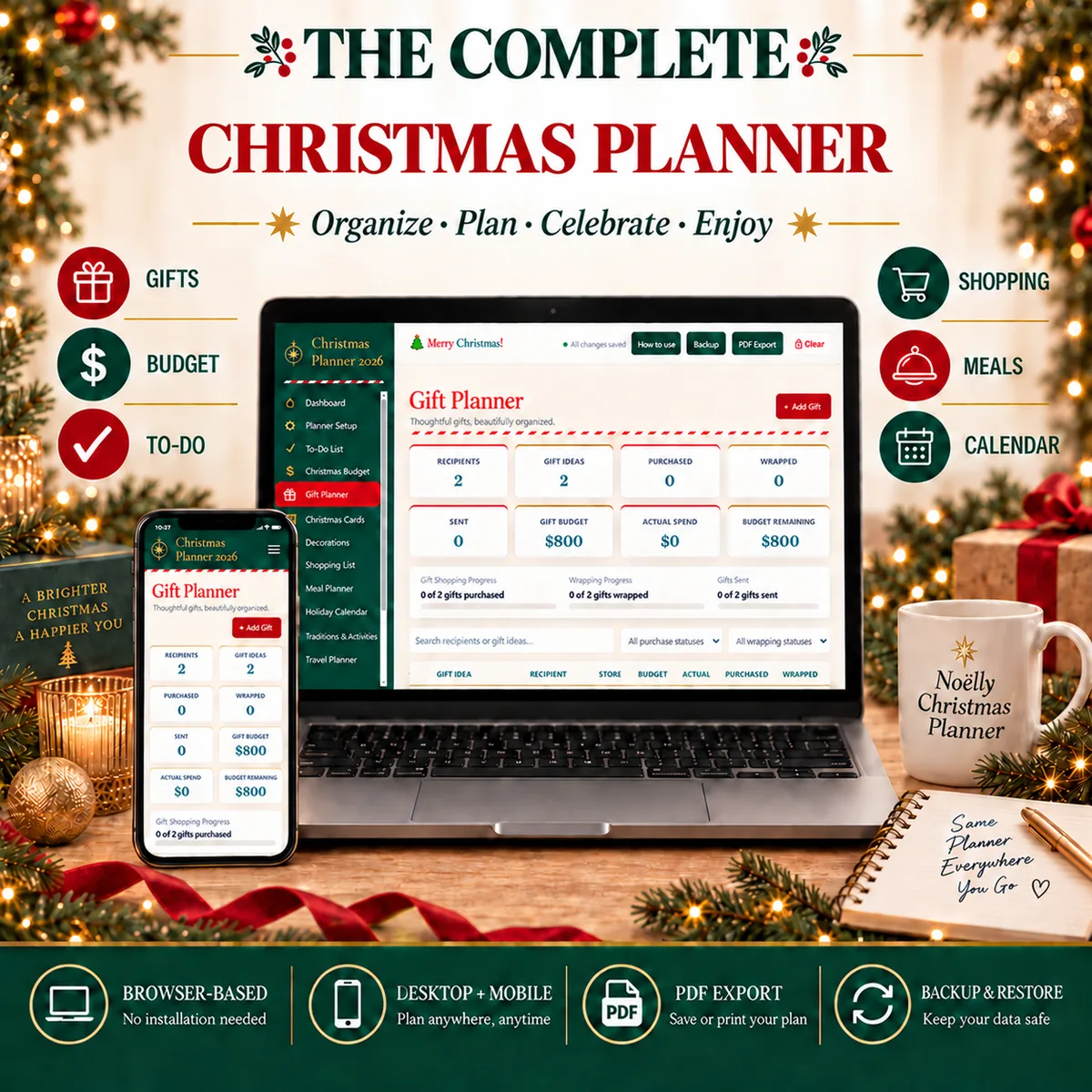 Christmas planner displayed on a laptop and phone with gift tracking, holiday budget cards and festive red and green decor