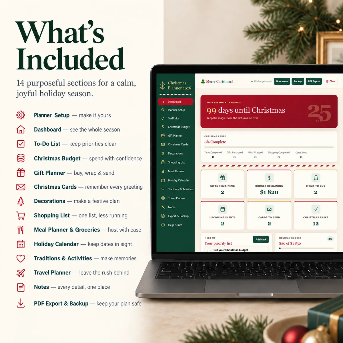 List of the Christmas planner's 14 sections next to a laptop screenshot of the Dashboard
