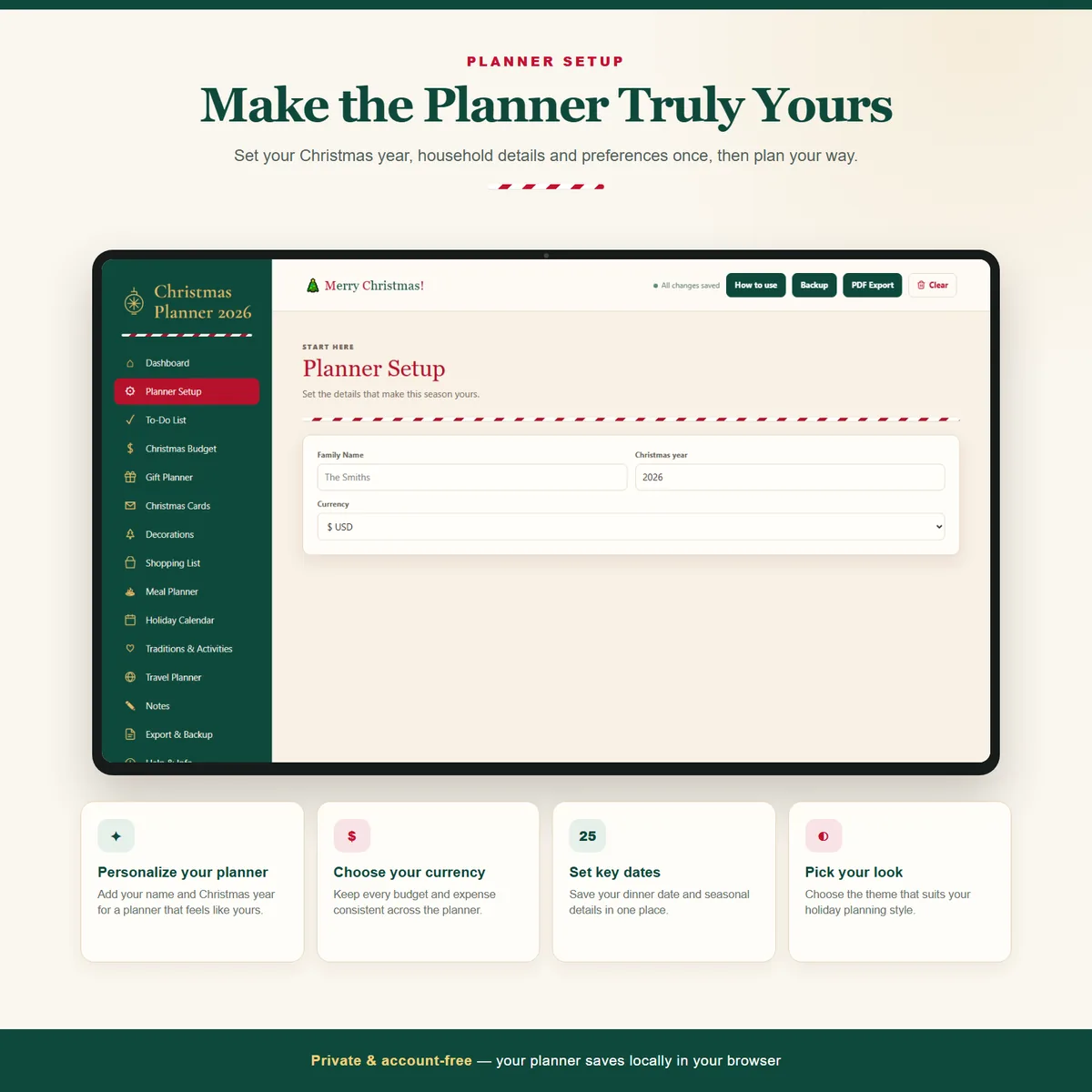 Planner Setup screen for choosing family name, Christmas year and currency