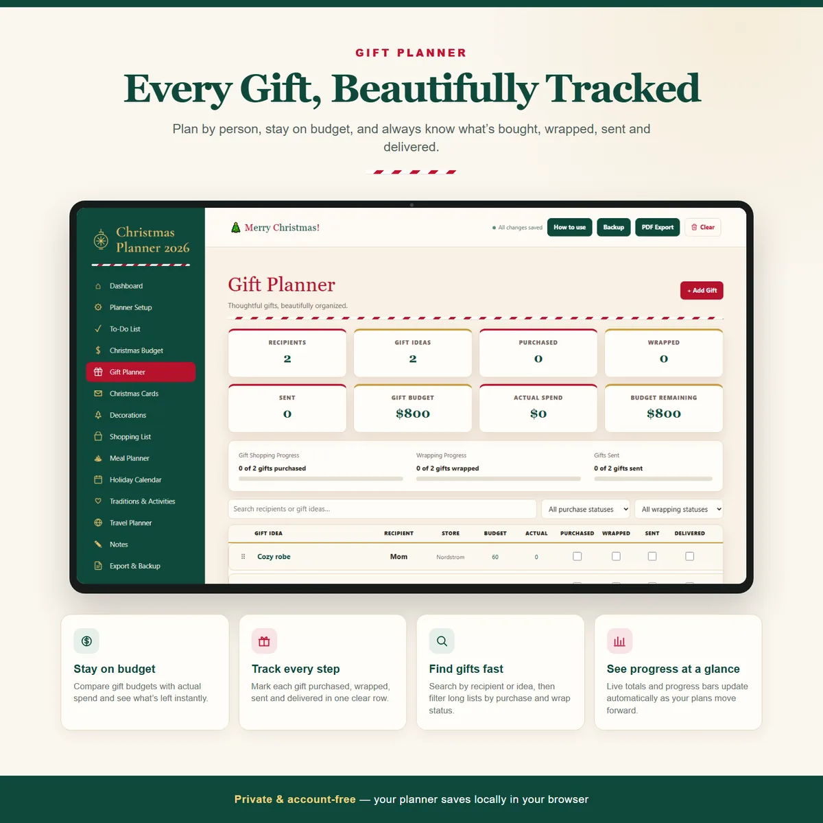 Gift Planner showing recipients, gift ideas, budgets and Purchased/Wrapped/Sent status