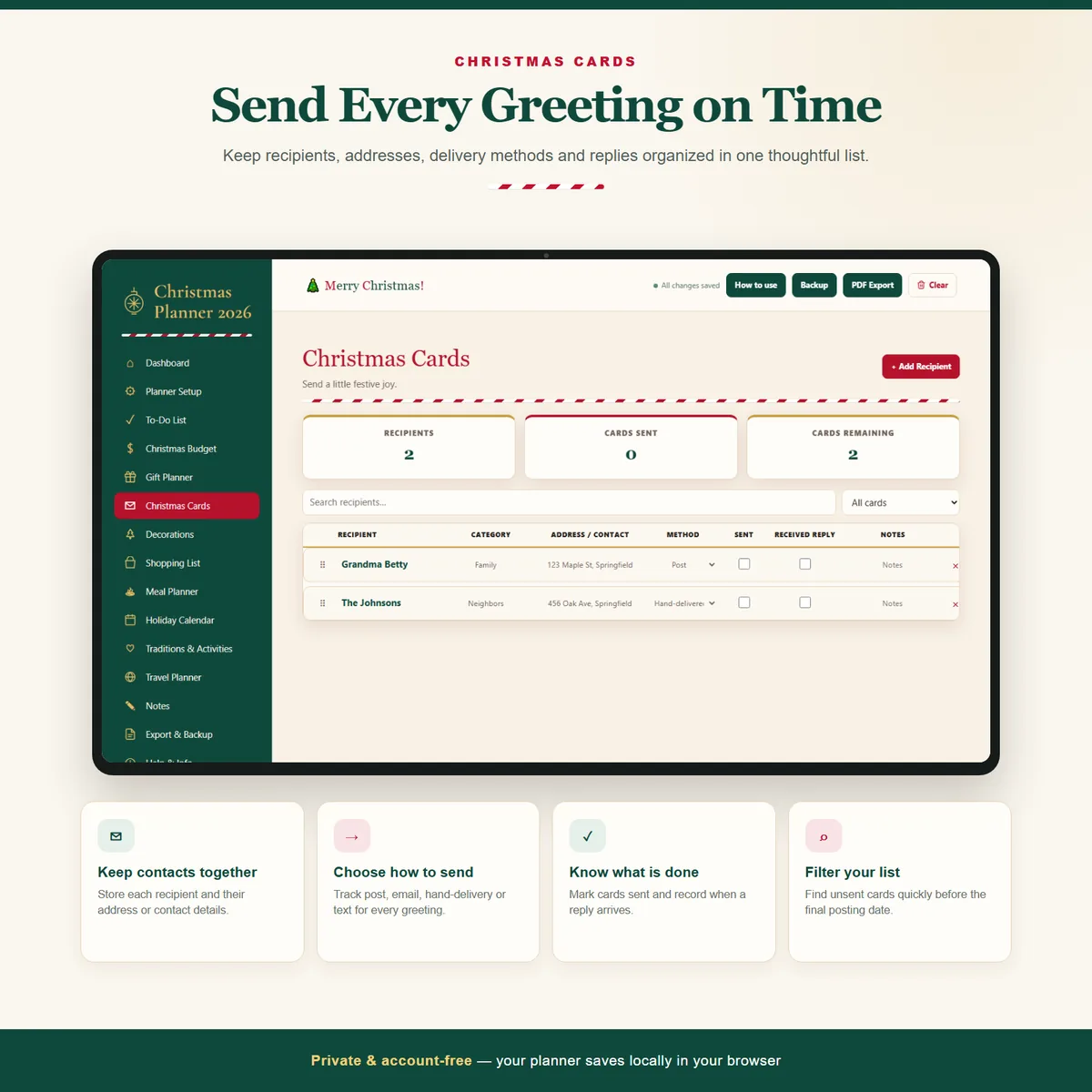 Christmas Cards section tracking recipients, delivery method and sent status