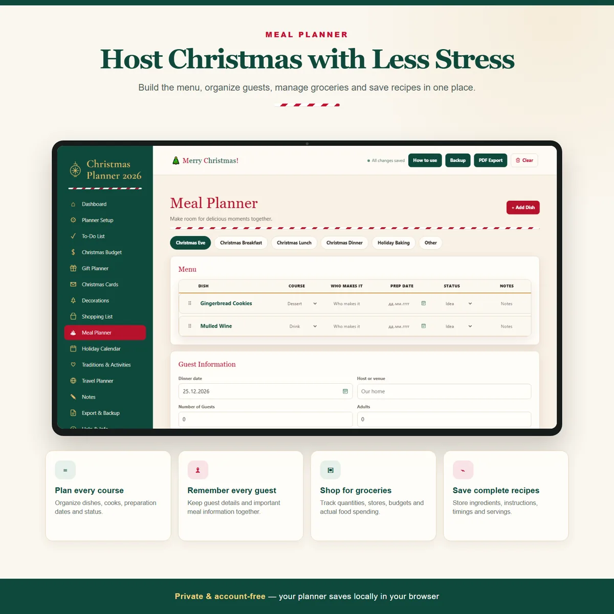 Meal Planner showing Christmas Eve menu, dish list and guest information