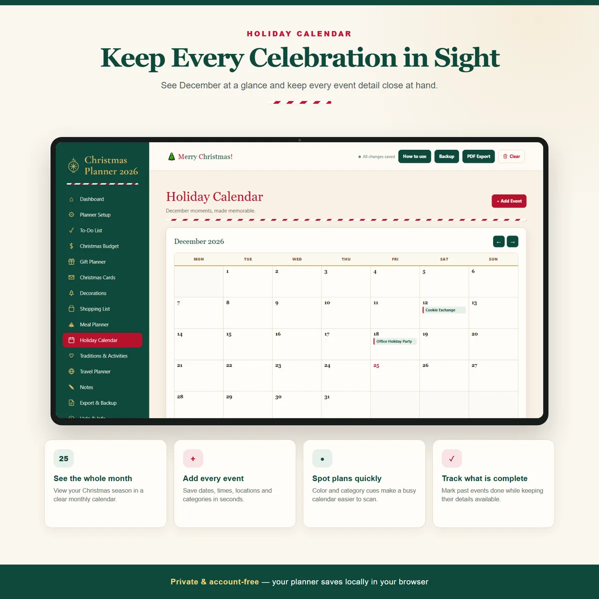 Holiday Calendar showing a December month view with event dates