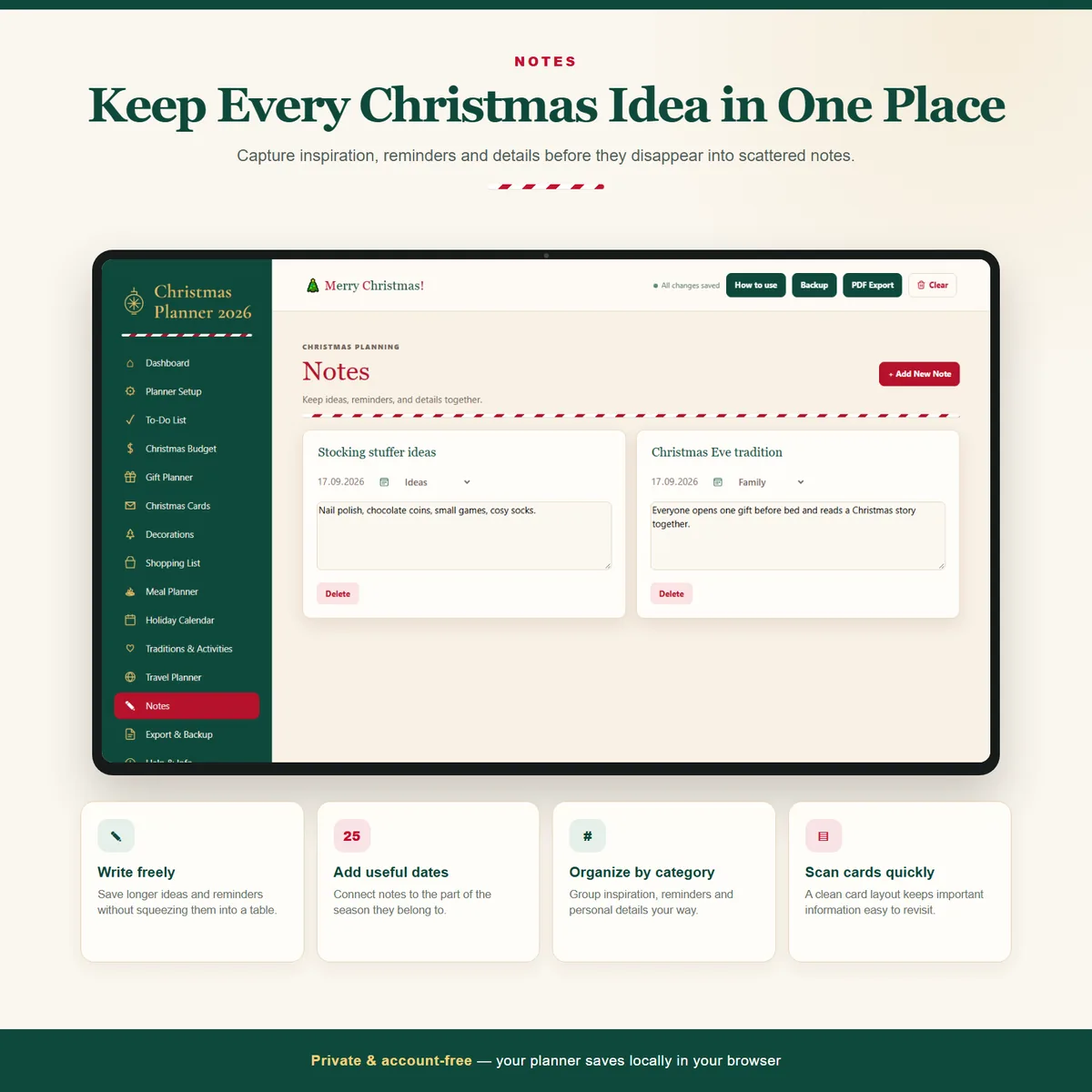Notes section for saving Christmas ideas and reminders by category