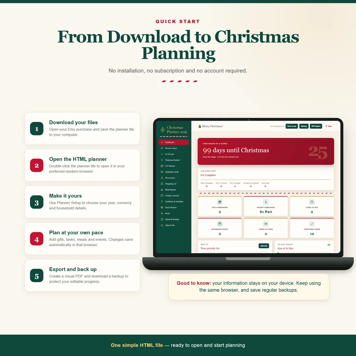 Five-step quick start guide showing how to download, open and start using the Christmas planner