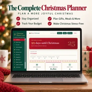 Christmas planner open on a laptop showing the dashboard, surrounded by a decorated tree and wrapped gifts