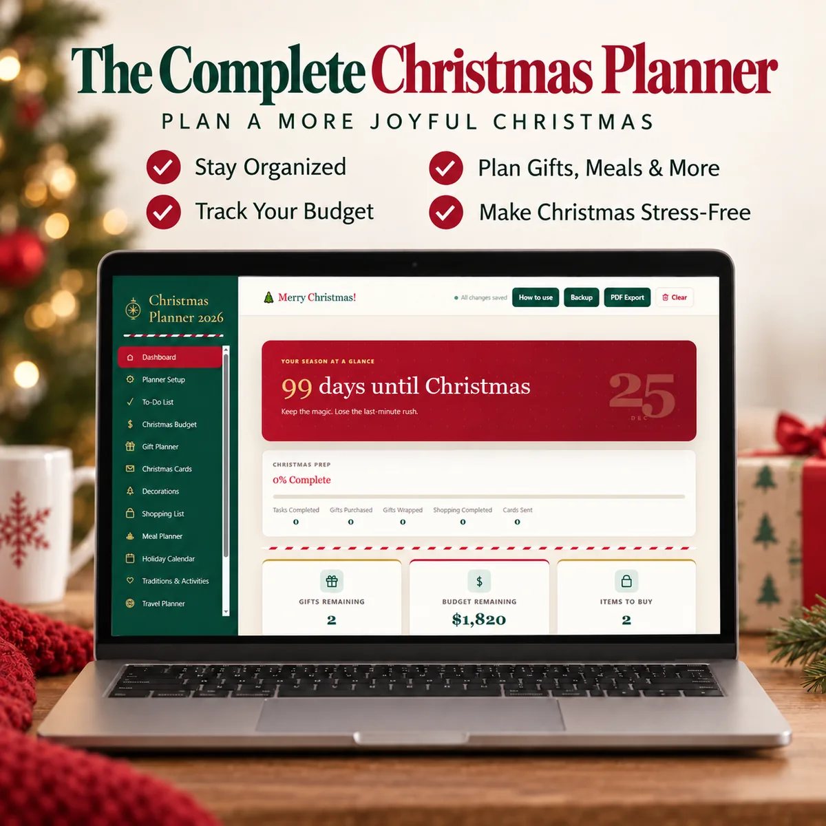 Christmas planner open on a laptop showing the dashboard, surrounded by a decorated tree and wrapped gifts