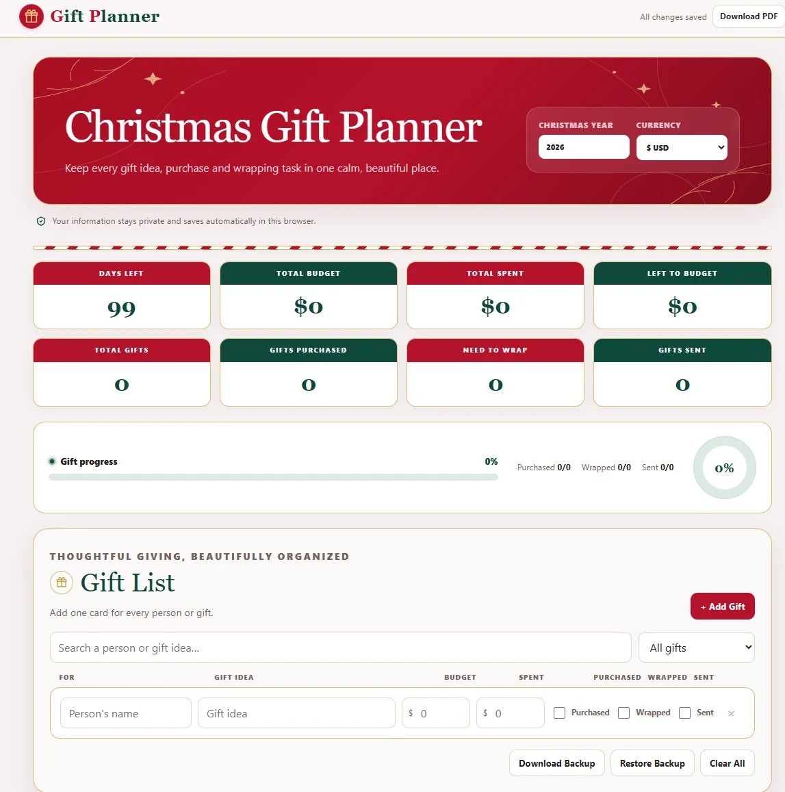 Christmas Gift Planner detail