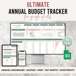 Annual budget tracker for Google Sheets on desktop, tablet and phone, 24 tabs with annual dashboard, savings, debt, net worth and investments, sage green and blush design