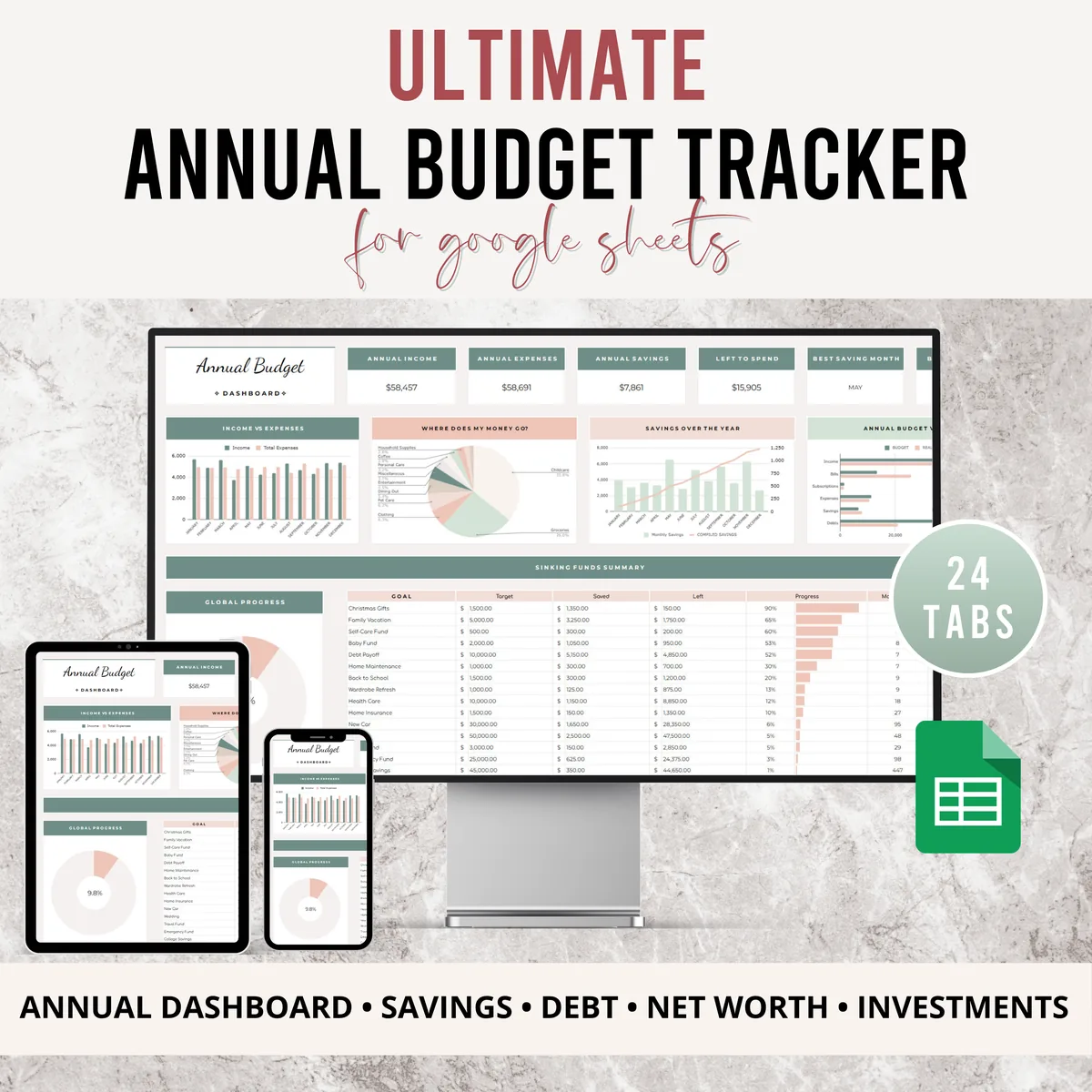 Annual budget tracker for Google Sheets on desktop, tablet and phone, 24 tabs with annual dashboard, savings, debt, net worth and investments, sage green and blush design