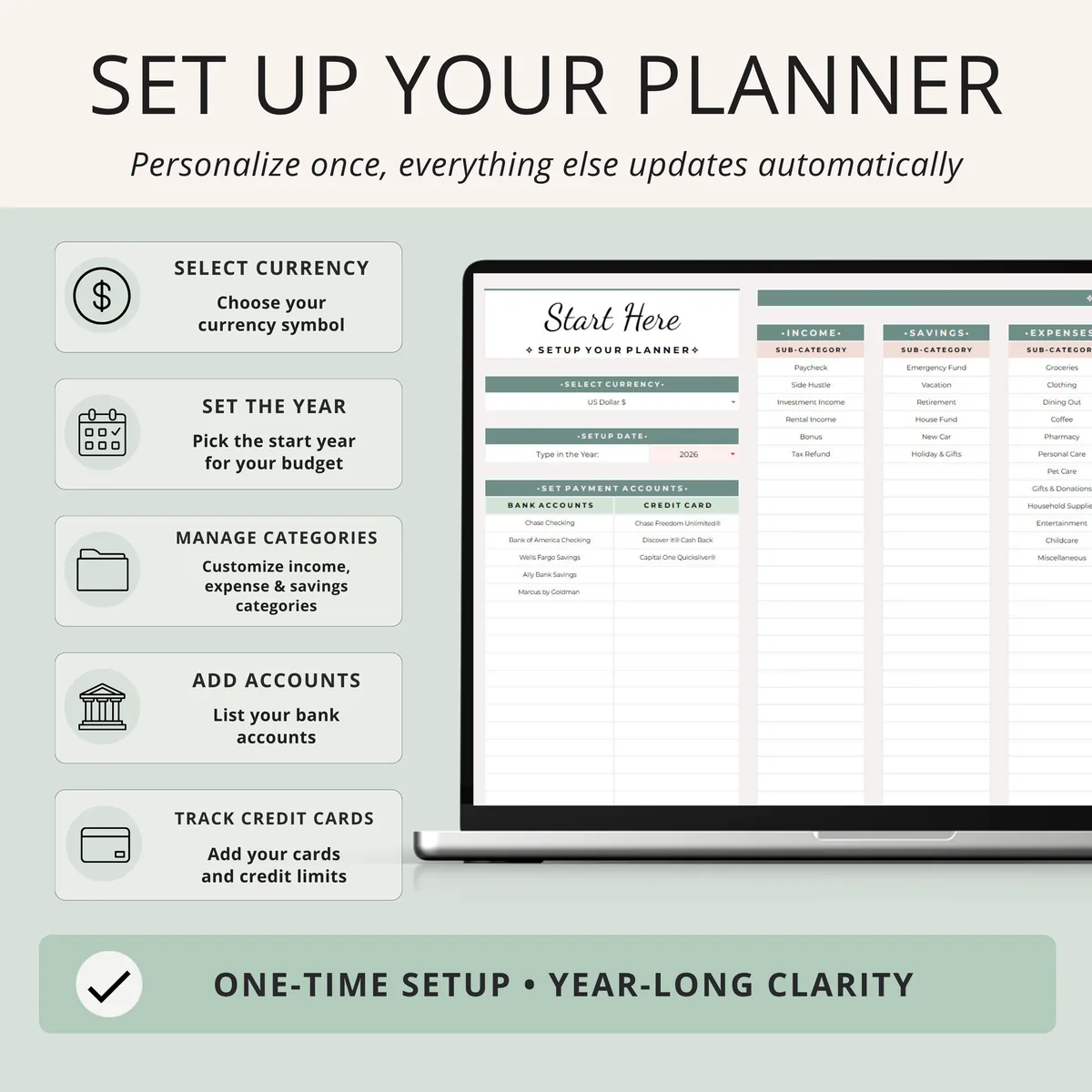 Setup tab of the annual budget planner to choose currency and year, customize categories and add bank accounts and credit cards, sage green and blush design