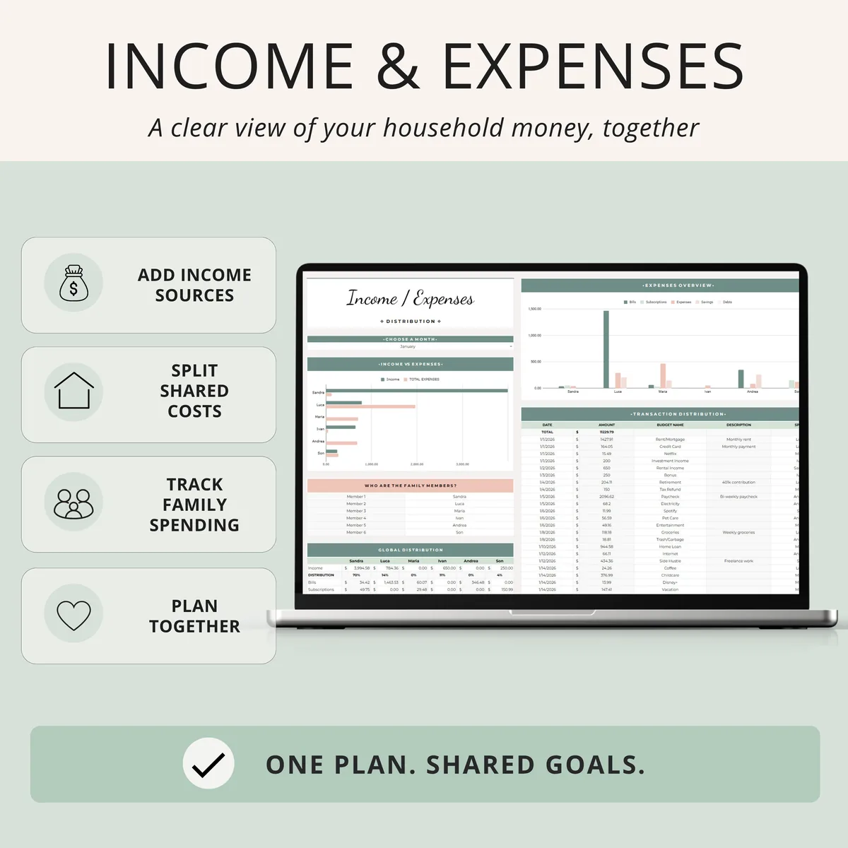 Income and expenses tab for households to add income sources, split shared costs and track spending per family member, sage green and blush design