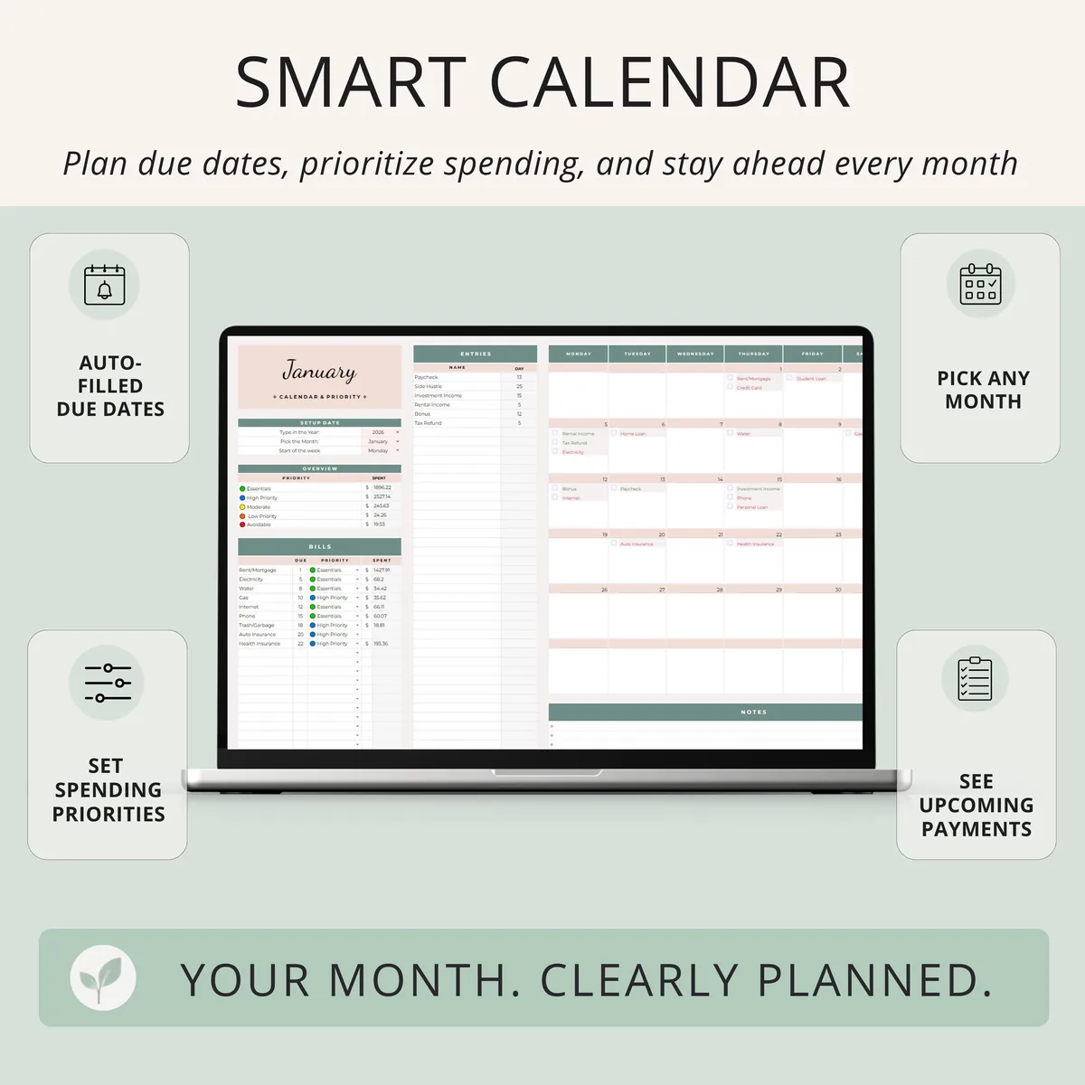 Smart bill calendar with auto-filled due dates, spending priorities and a monthly calendar of upcoming payments, sage green and blush design