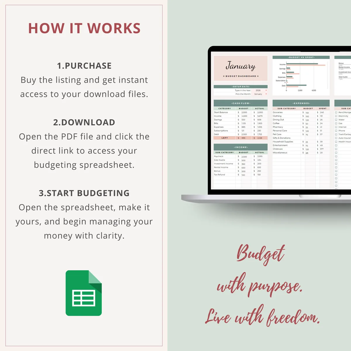 How it works: purchase, open the PDF and click the link to the Google Sheets budget spreadsheet, then make it yours and start budgeting, sage green and blush design