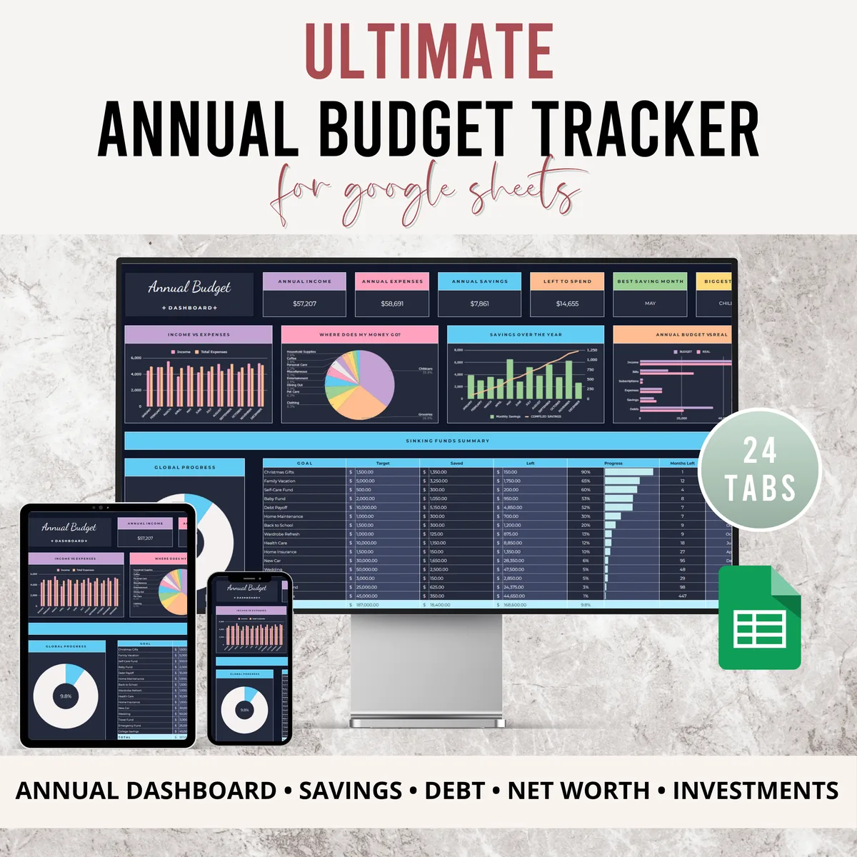 Annual budget tracker for Google Sheets on desktop, tablet and phone, 24 tabs with annual dashboard, savings, debt, net worth and investments, dark mode design