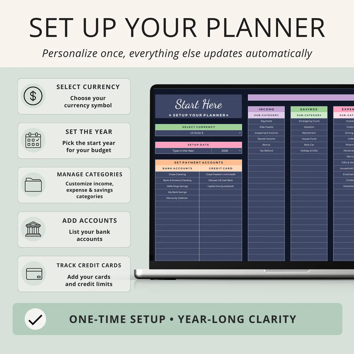Setup tab of the annual budget planner to choose currency and year, customize categories and add bank accounts and credit cards, dark mode design