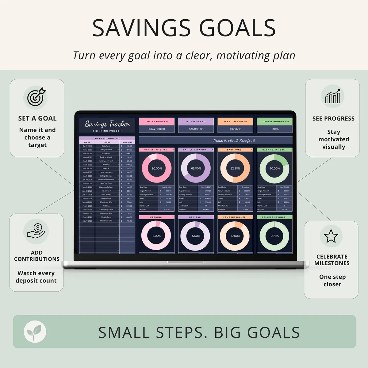 Savings goals tracker with sinking funds log and progress rings for goals like Christmas gifts, family vacation and baby fund, dark mode design