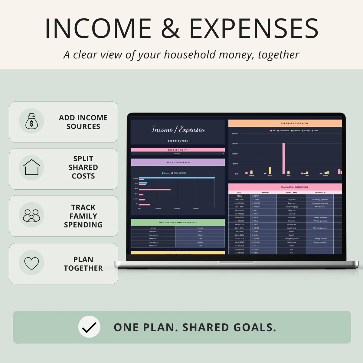 Income and expenses tab for households to add income sources, split shared costs and track spending per family member, dark mode design