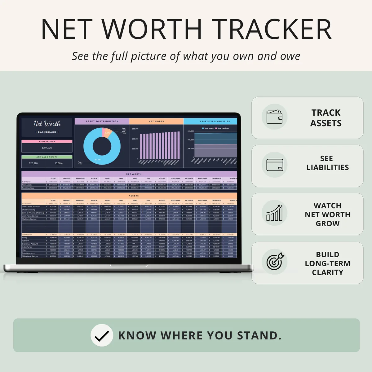 Net worth tracker dashboard with asset distribution chart, monthly net worth growth and assets and liabilities table, dark mode design