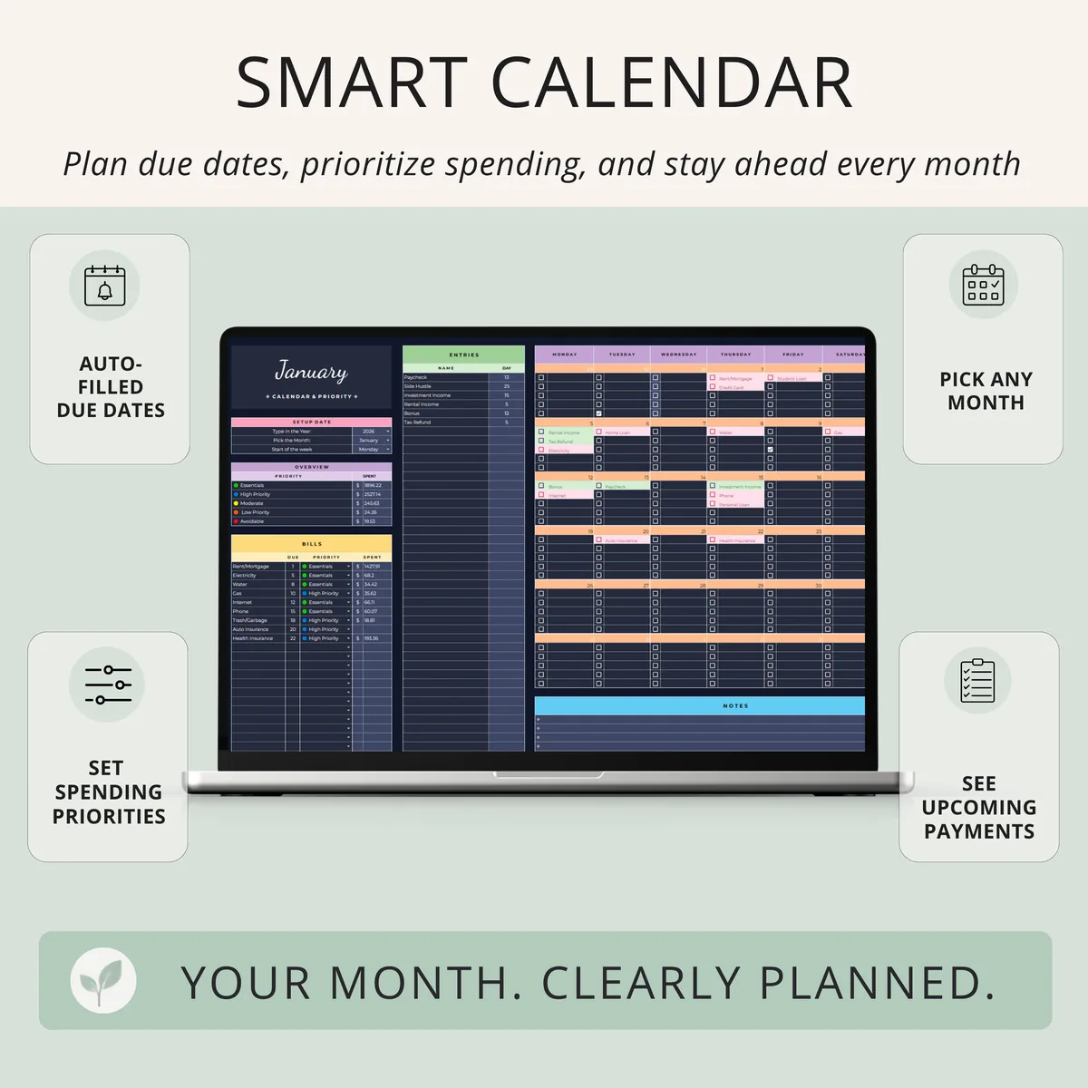 Smart bill calendar with auto-filled due dates, spending priorities and a monthly calendar of upcoming payments, dark mode design