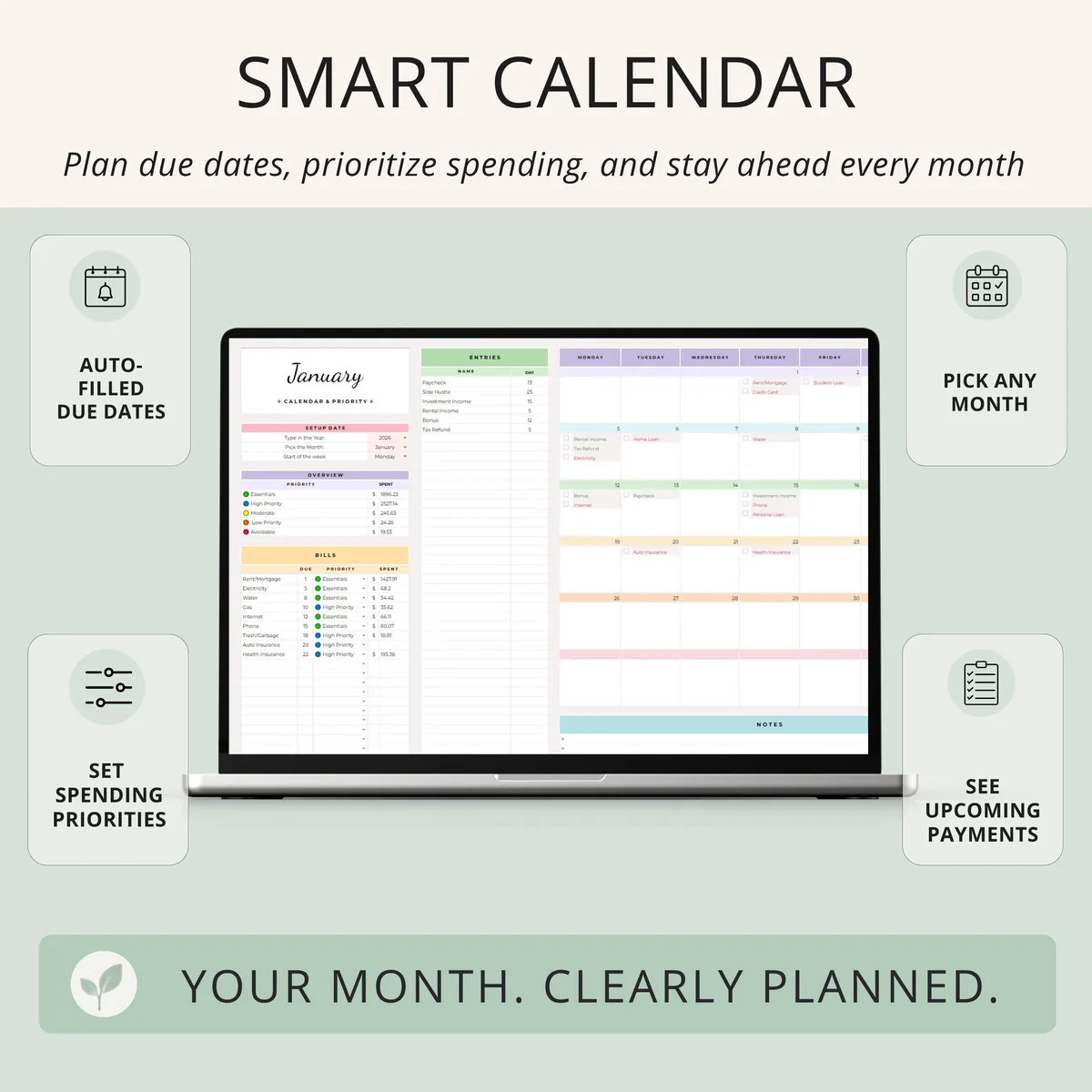 Smart bill calendar with auto-filled due dates, spending priorities and a monthly calendar of upcoming payments