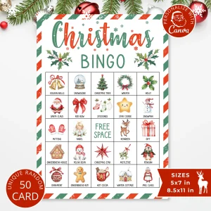 Christmas picture bingo card for kids with Santa, snowman, gingerbread and reindeer, from 50 unique cards