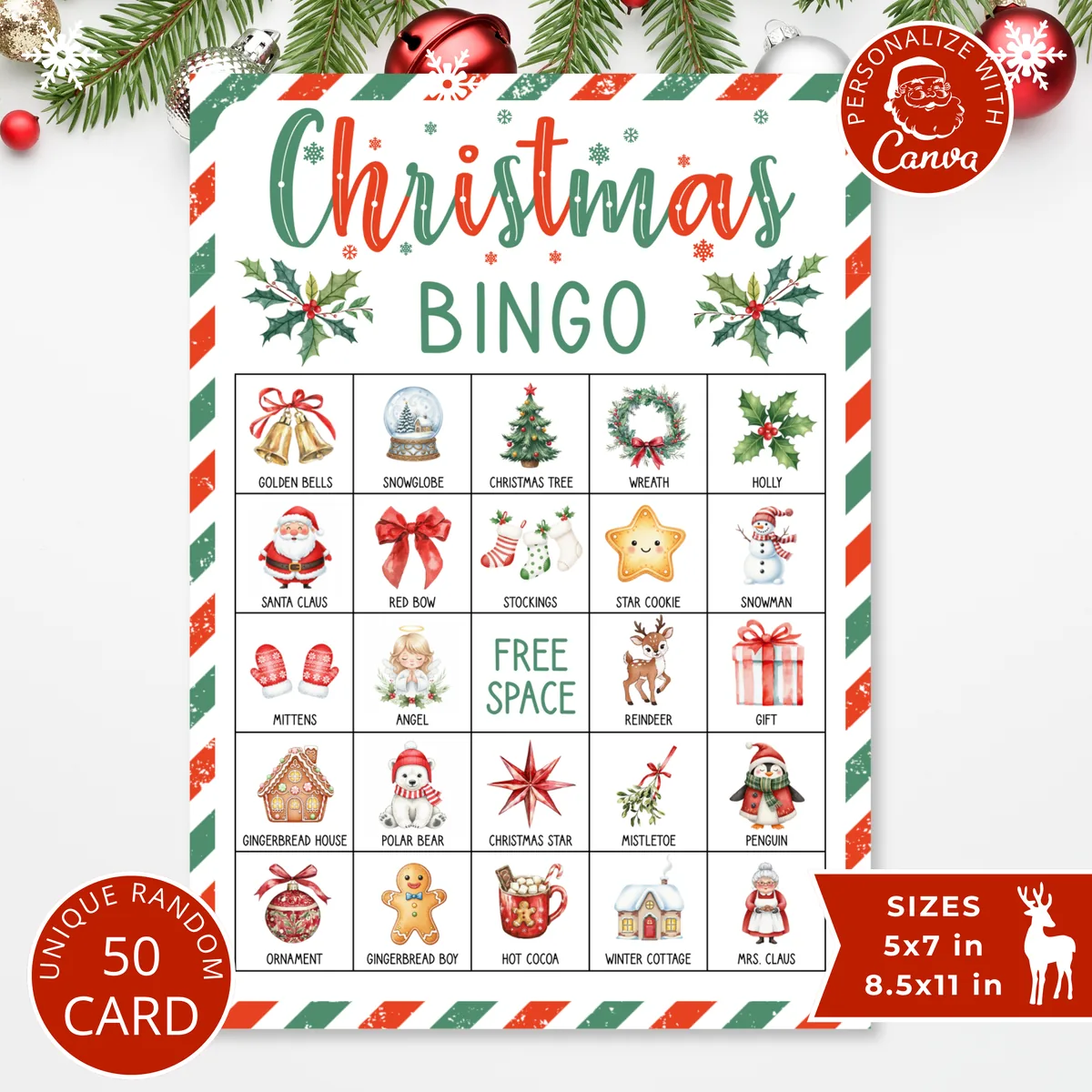 Christmas picture bingo card for kids with Santa, snowman, gingerbread and reindeer, from 50 unique cards