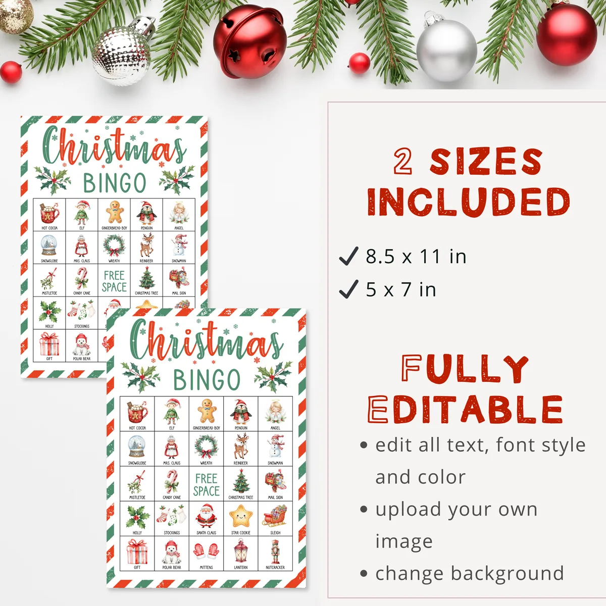 Christmas picture bingo cards in 8.5x11 and 5x7 inches, fully editable