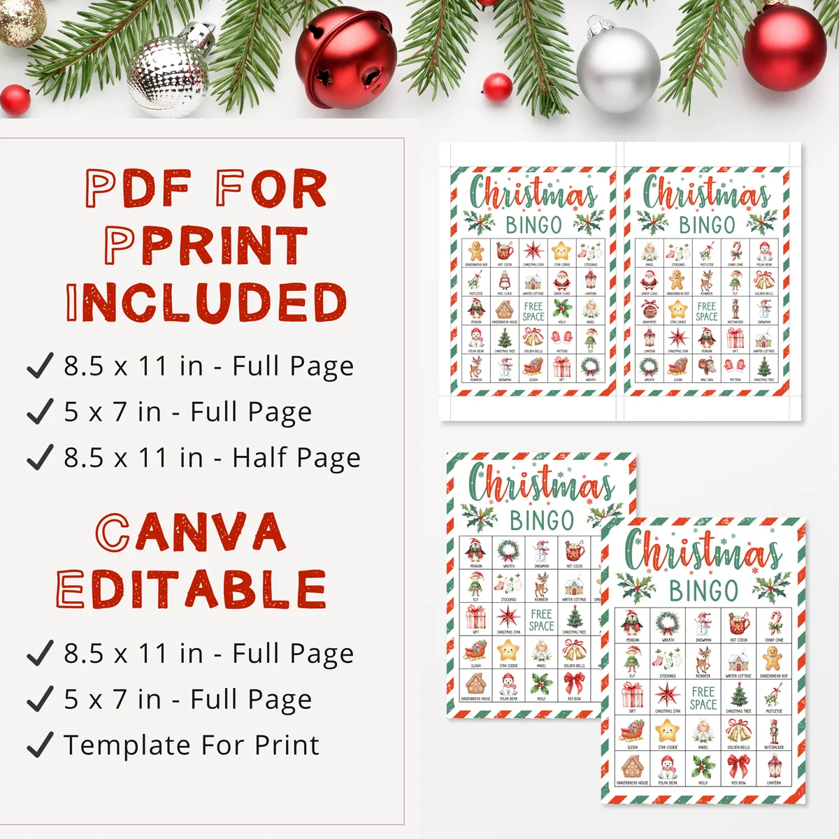 Printable PDF and Canva formats of the Christmas picture bingo game
