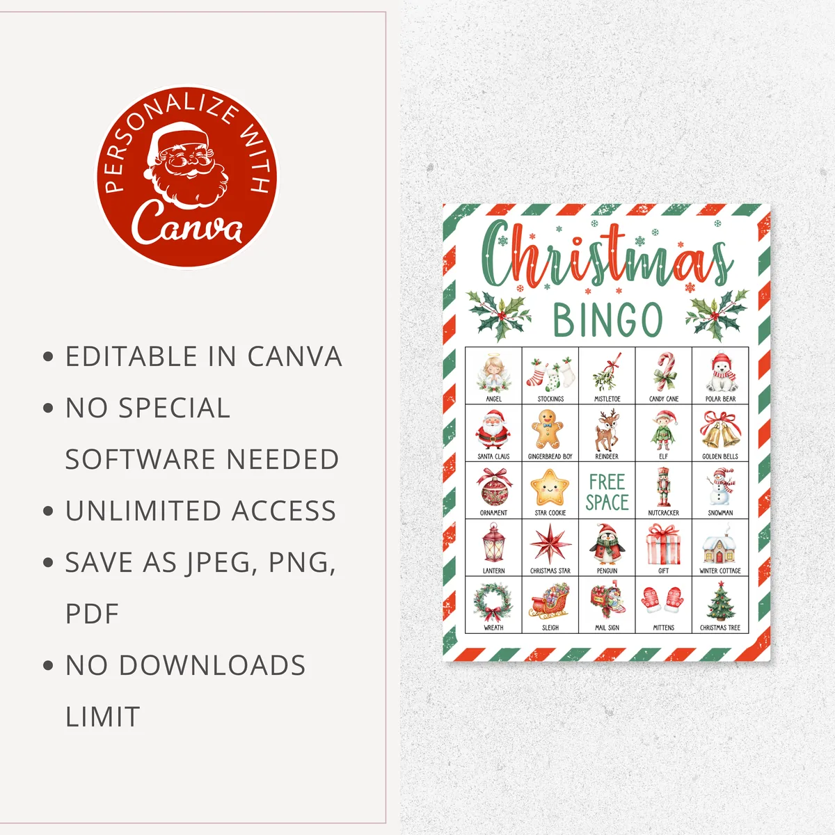 Christmas picture bingo card editable in Canva, save as JPG, PNG or PDF