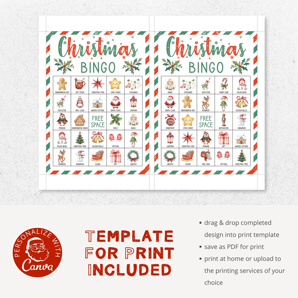 Print template with two Christmas picture bingo cards per page
