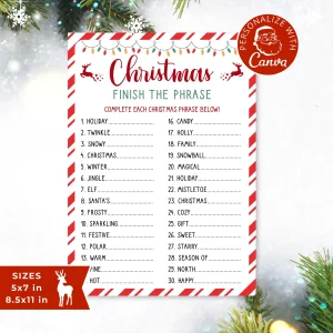 Christmas Finish the Phrase game printable with 30 festive phrases to complete