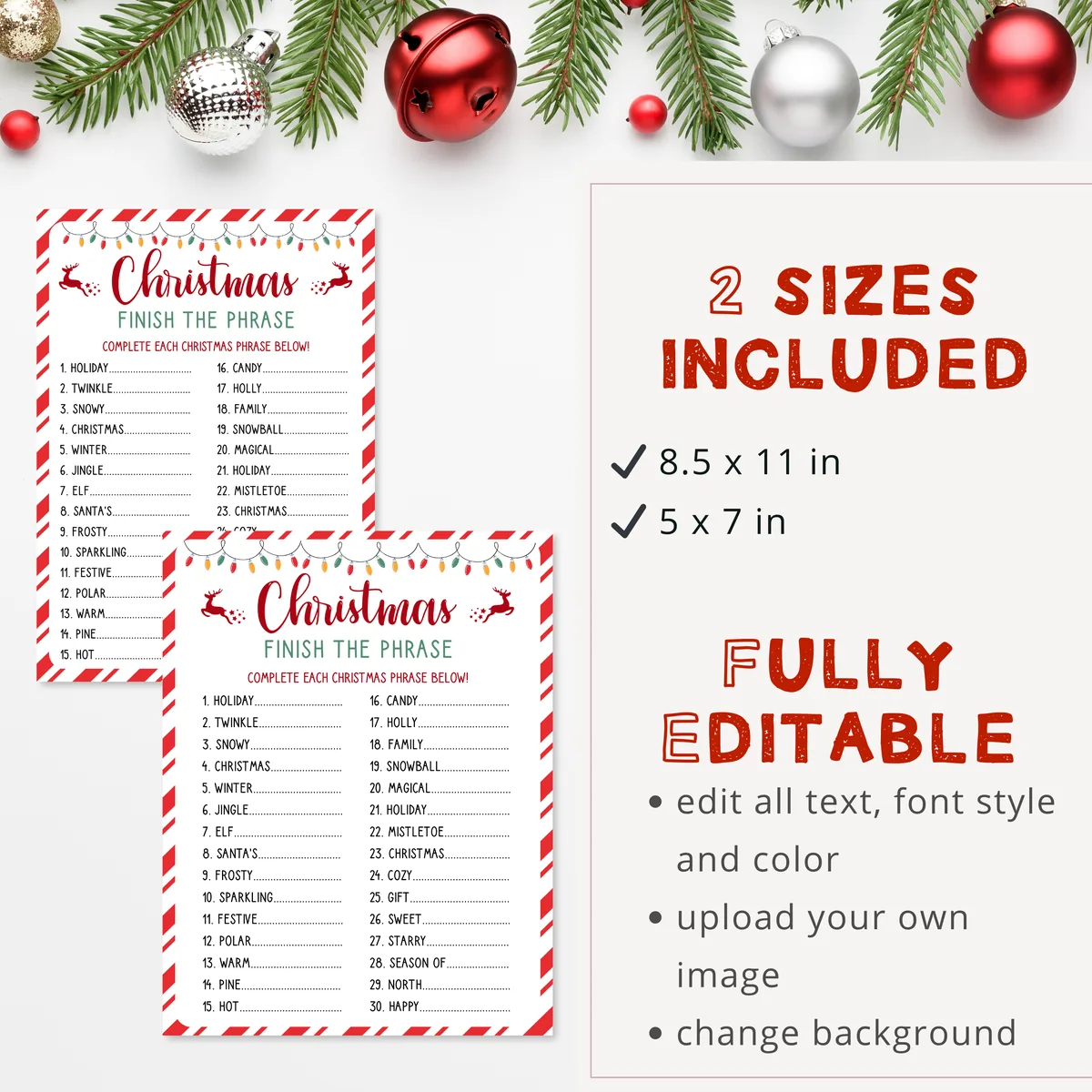 Christmas Finish the Phrase game in two sizes, fully editable