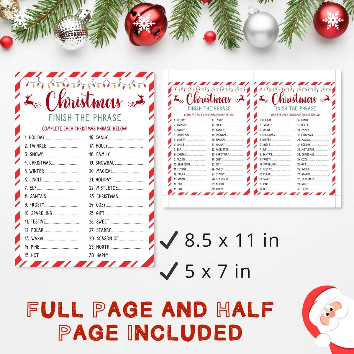 Christmas Finish the Phrase game as full page and half page, 8.5x11 and 5x7 inches