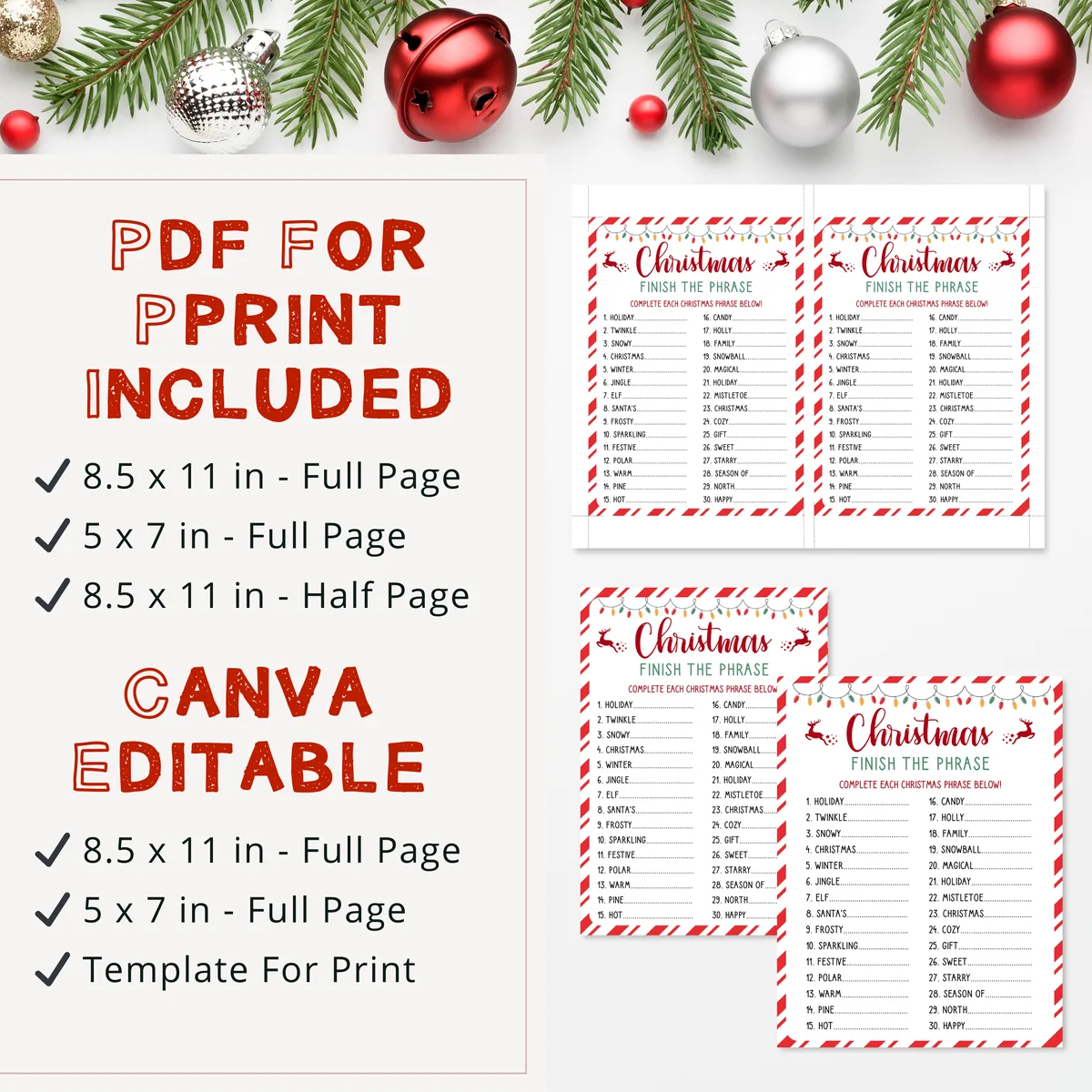 Printable PDF and Canva formats of the Christmas Finish the Phrase game