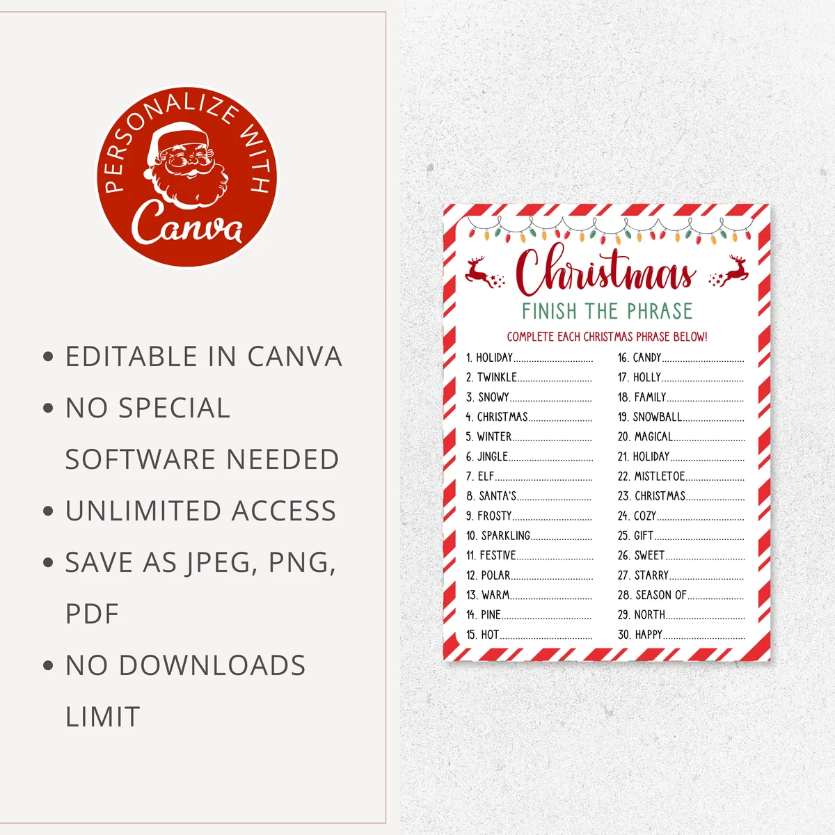 Christmas Finish the Phrase game editable in Canva, save as JPG, PNG or PDF