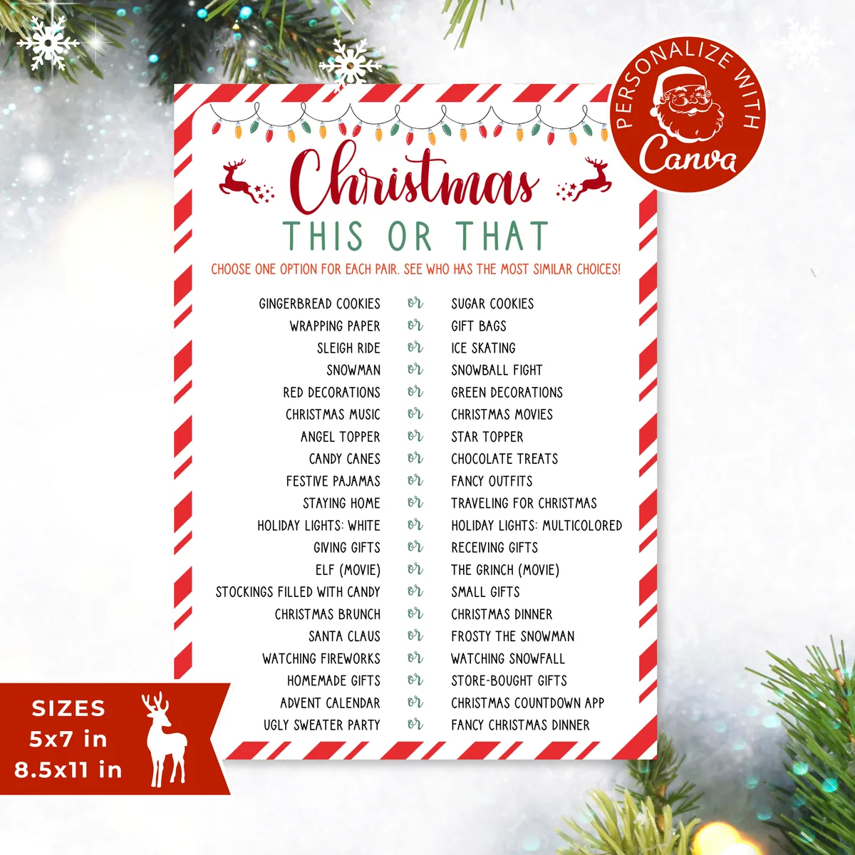 Christmas This or That game printable with festive choices like Gingerbread Cookies or Sugar Cookies
