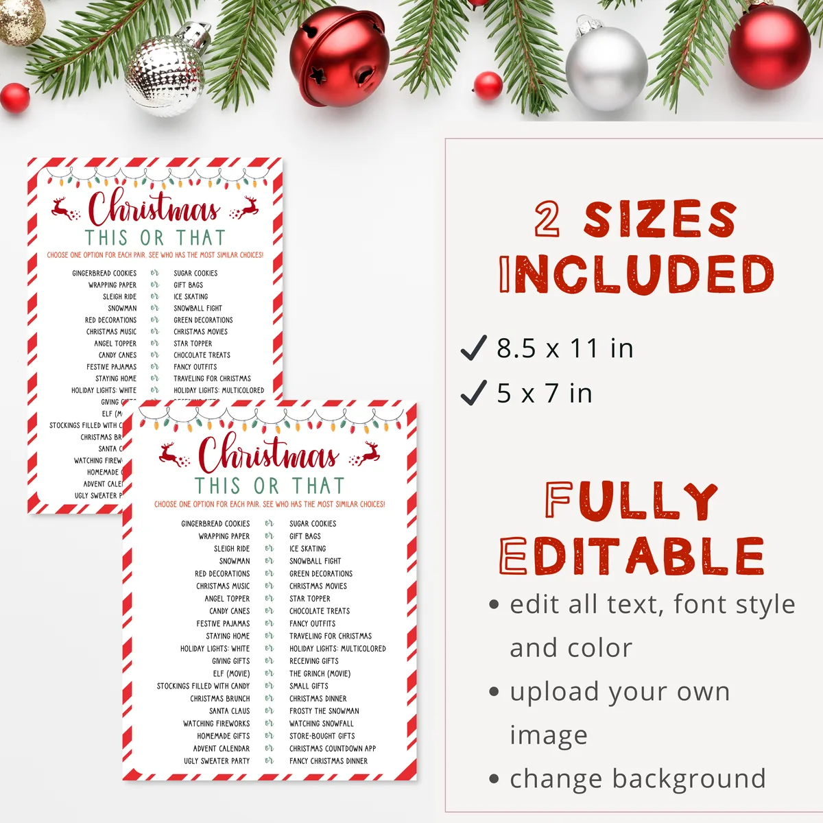 Christmas This or That game in two sizes, 8.5x11 and 5x7 inches, fully editable