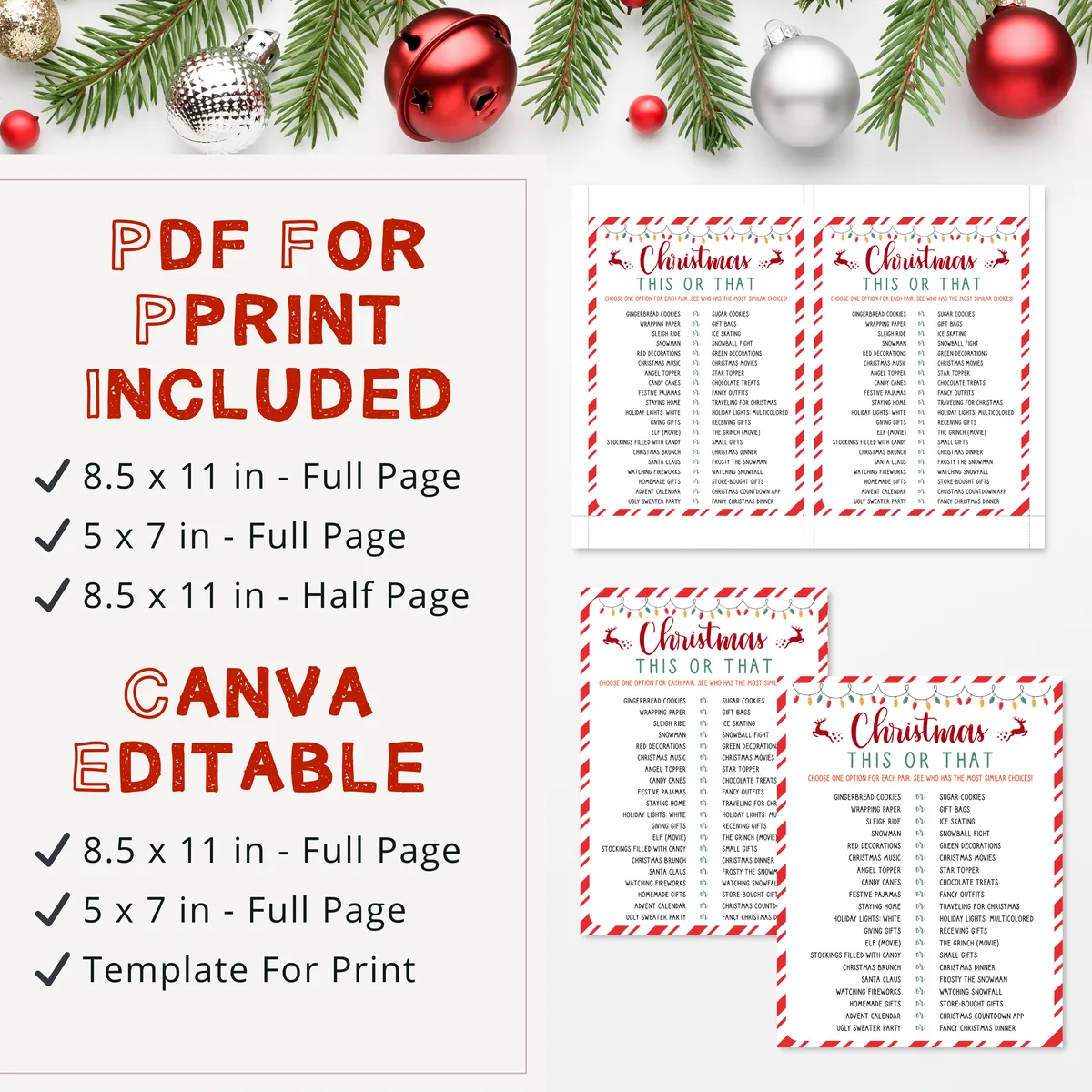 Printable PDF and Canva formats of the Christmas This or That game