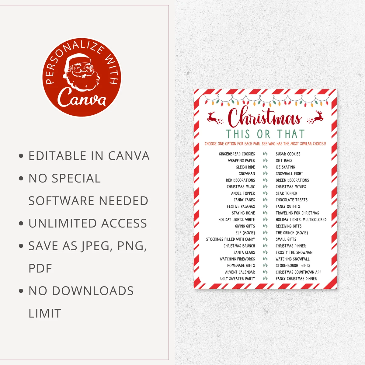 Christmas This or That game template editable in Canva
