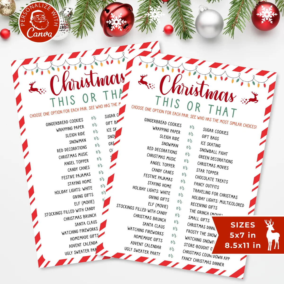Two Christmas This or That game sheets with a red candy cane border