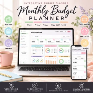 Interactive Monthly Budget Planner on a laptop and phone, offline HTML budget tracker for bills, savings and debt payoff